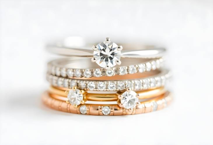 Elegant Diamond Stacked Rings in White, Yellow, and Rose Gold